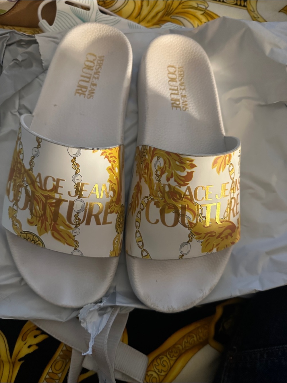 Versace Jeans Collection White & Gold Baroque Slide Sandals Sz 9